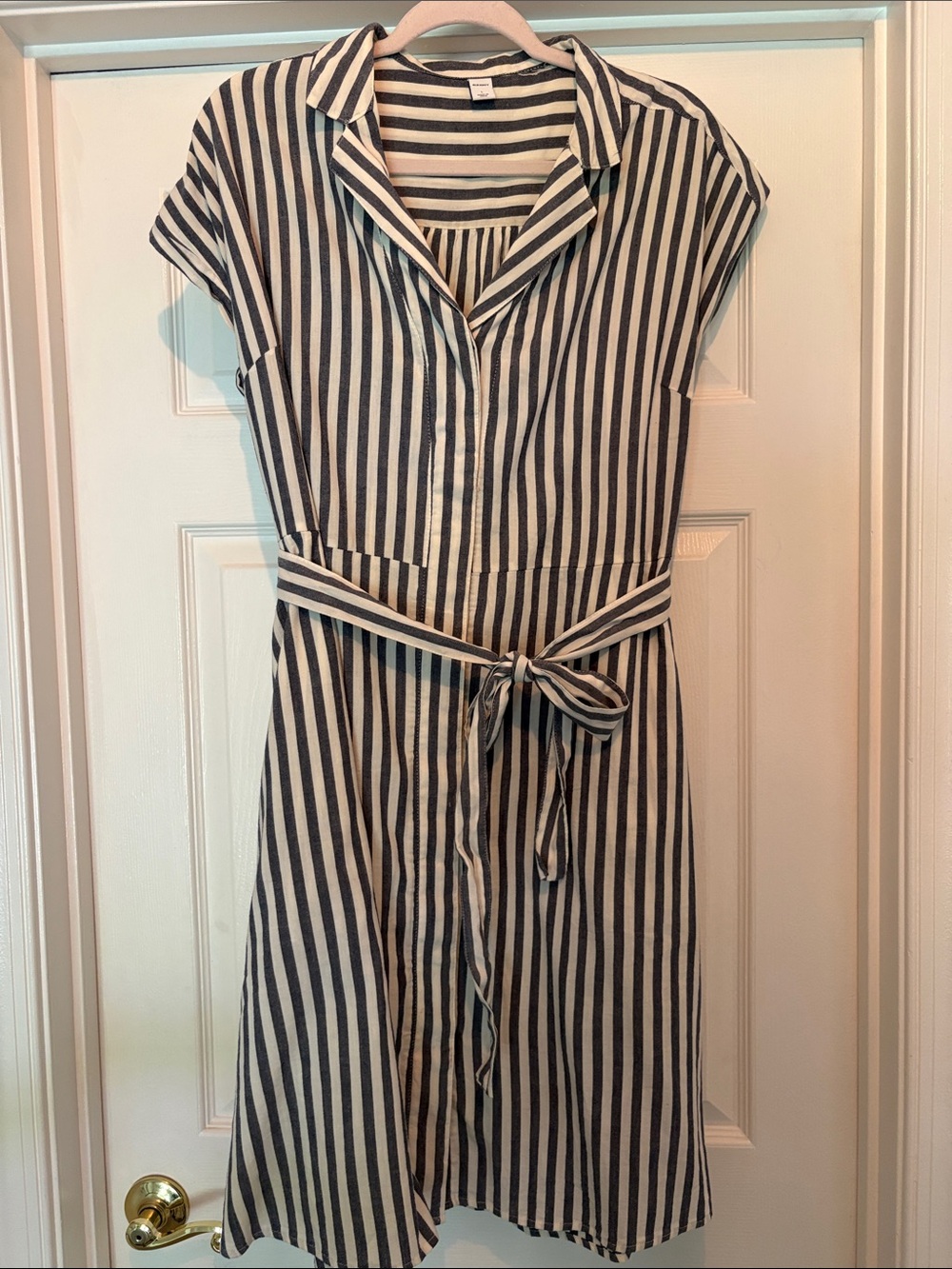 Old Navy Navy & White Striped Midi Shirt Dress with Waist Tie
